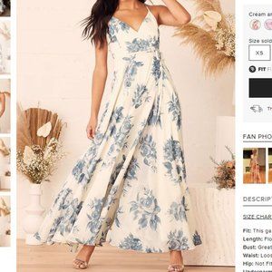 NWT Lulu's Elegantly Inclined Cream and Blue Floral Print Wrap Maxi Dress